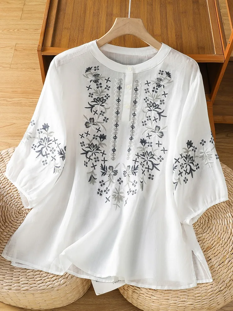 

Lightweight Artistic Heavy Embroidery Linen Five-Quarter Sleeve Shirt Women Summer Outdoor Anti-Aging Casual Versatile Top