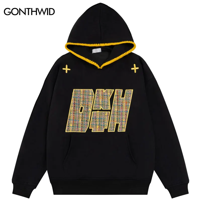 Men Hoodies Y2K Vintage Embroidered Cross Patch Hooded Sweatshirt Hip Hop Harajuku Casual Baggy Pullover Streetwear Hoodies