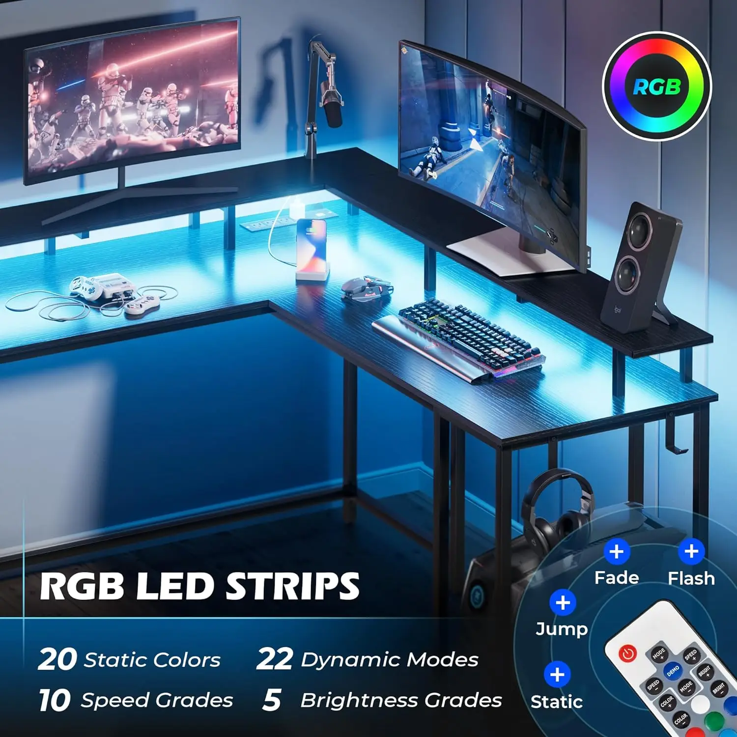 Desk L Shaped Gaming Desk with LED Lights & Power Outlets, Computer Desk with Monitor Stand,