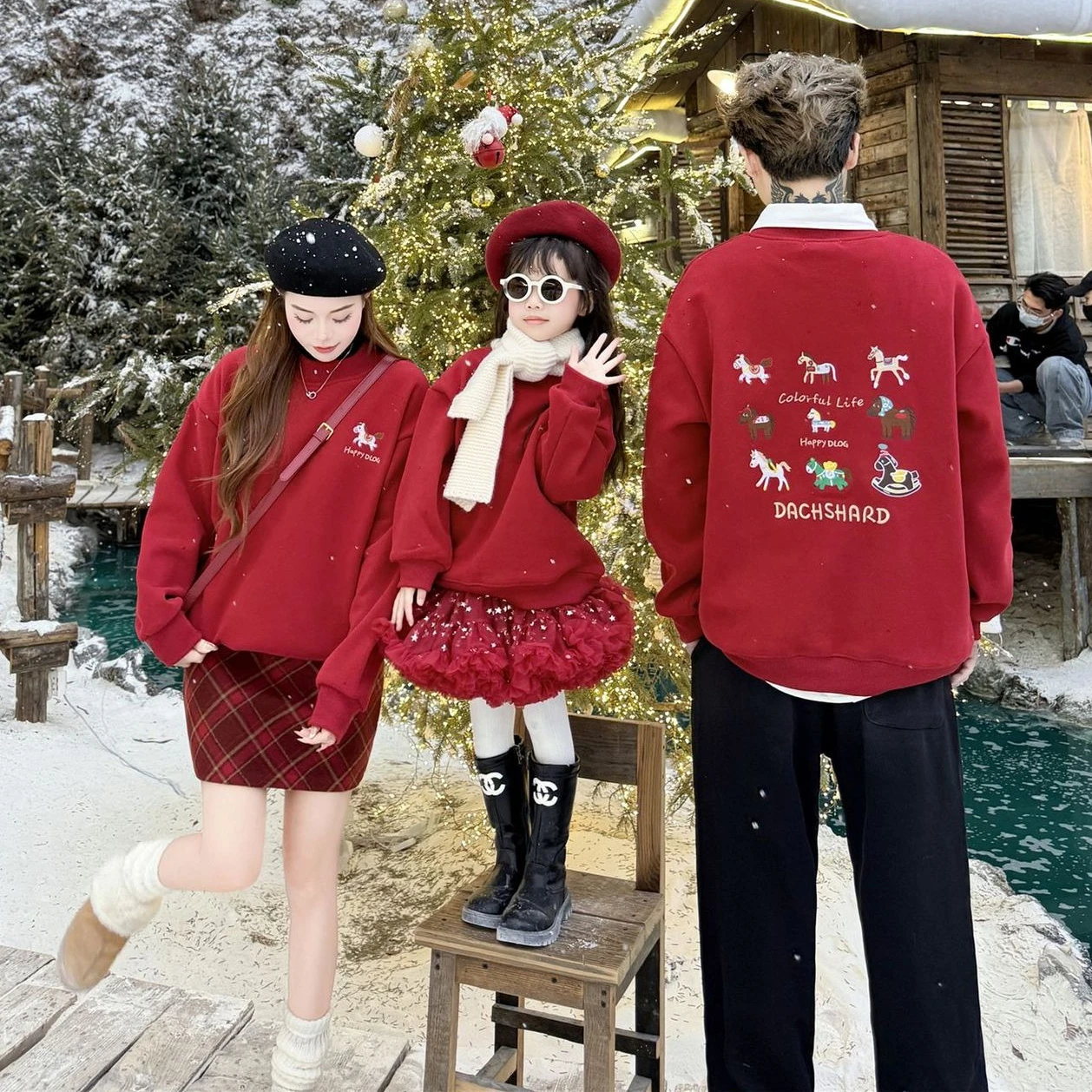 Chinese New Year of The Horse Family Matching Red Embroidery Fleece Sweatshirts Parents Kids Baby Unisex Warm Winter Outfit Gift