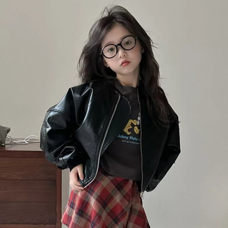 

Girl Leather Jacket 2026 Spring and Autumn New Children's Casual Handsome PU Western Style Coat Temperament Style for Girls