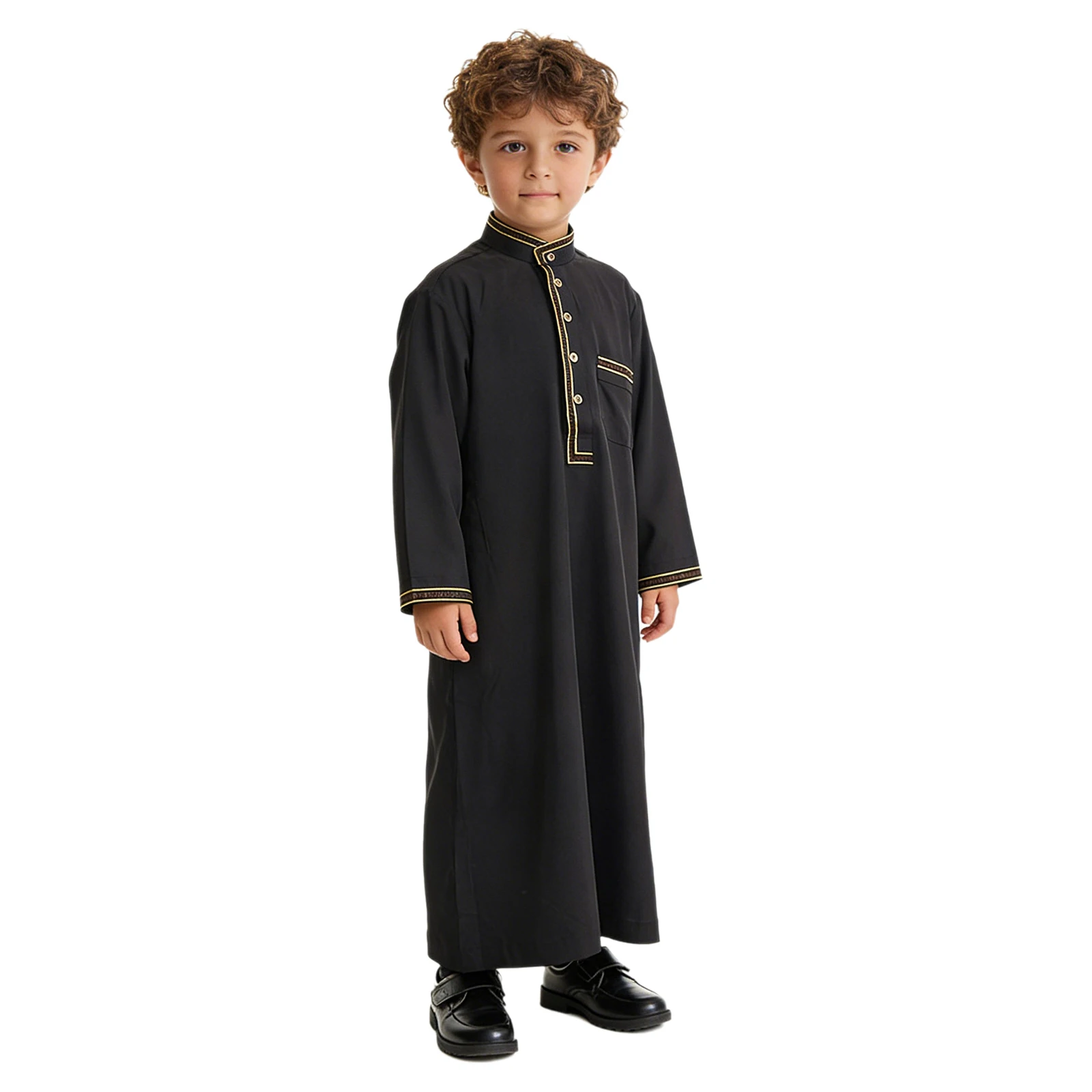 Muslim Boys Robe Abaya Arab Middle East Islam Ramadan Eid Prayer Kaftan Thobe Children Long Sleeve Button Dress Gown with Pocket
