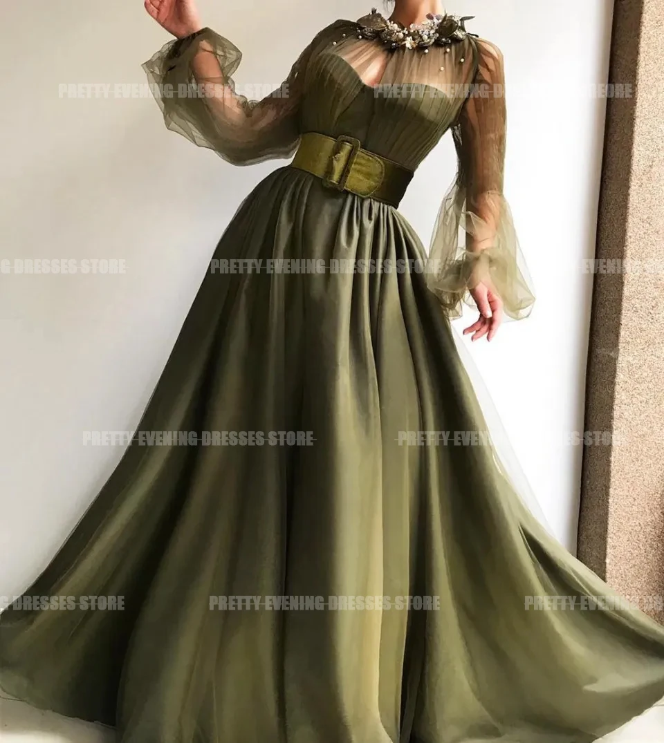 Vintage Elegant Floral Evening Dresses A Line Woman's Illusion Sexy Long Sleeve 3D Flowers Formal Party Prom Gowns شارون سعيد