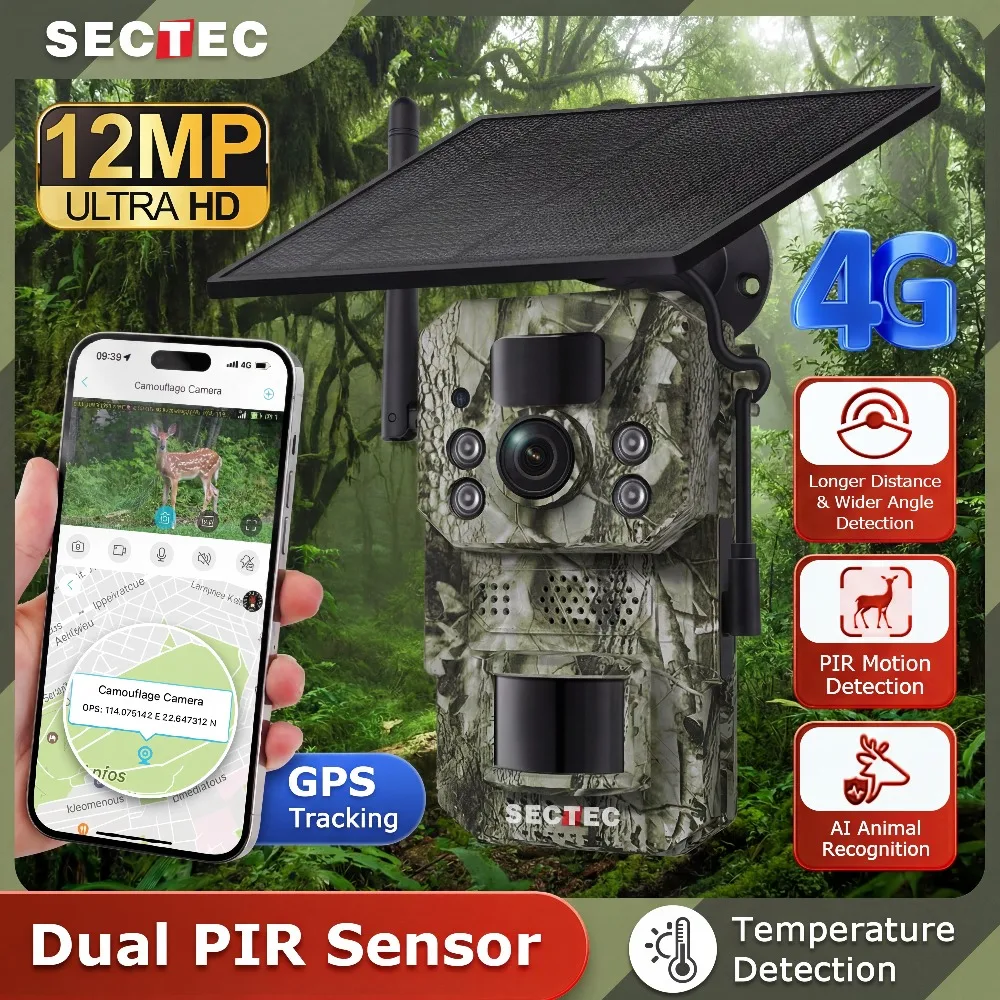 SECTEC 4G SIM Card Solar Wildlife Camera with Live Feed 12MP GPS Trail Trap Hunting Cam Motion Detection APP Instant Alarm IP66