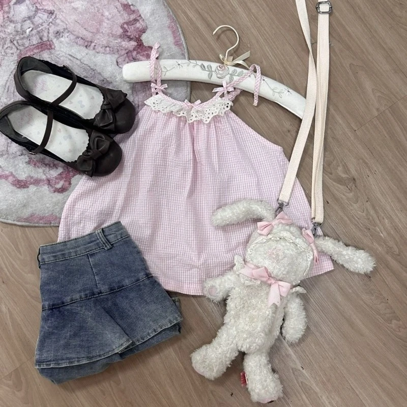 Sweet Cute Sleeveless Tank Camisole Vest Summer New Lace Short Tops Kawaii Y2k Tee Japanese Tshirts Fashion T-shirt 2025 New