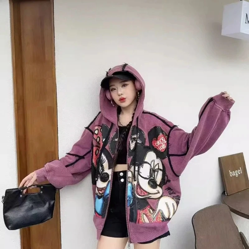 

2026 New Arrival Women's Mickey Mouse Multi-Graphic Hooded Jacket - Oversized Purple Zip-Up Edgy Trendy Casual Outerwear