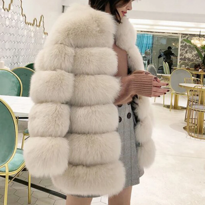 Korean Style Elegant Women Thick Warm Faux Fur Coat Mid-length Stand Collar 2023 Winter Fluffy Fur Jacket Lady Luxury Overcoat