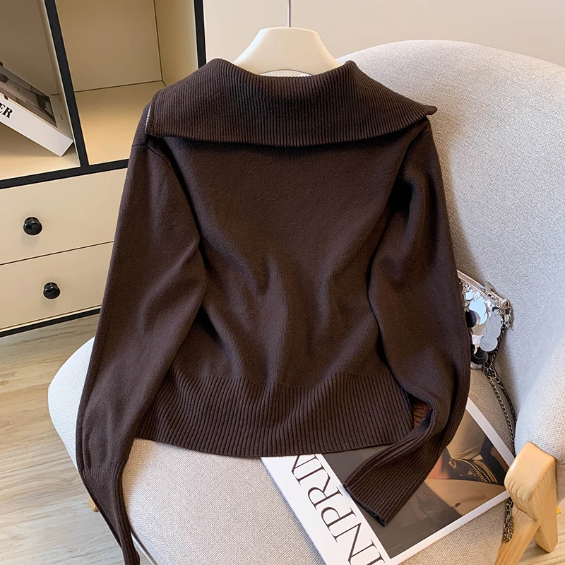 Damen Brauner Kragen Langarm Casual Pullover Y2K American High Street Harajuku Campus Retro Top Wintermantel Kleid Zubehör