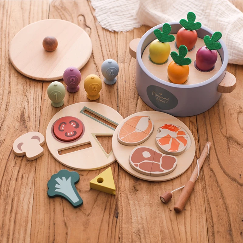 Baby Montessorri Toys Wooden Multifunctional Pot Playing House Toys Wooden Food Fish Silicone Blocks Cognition Educational Toys