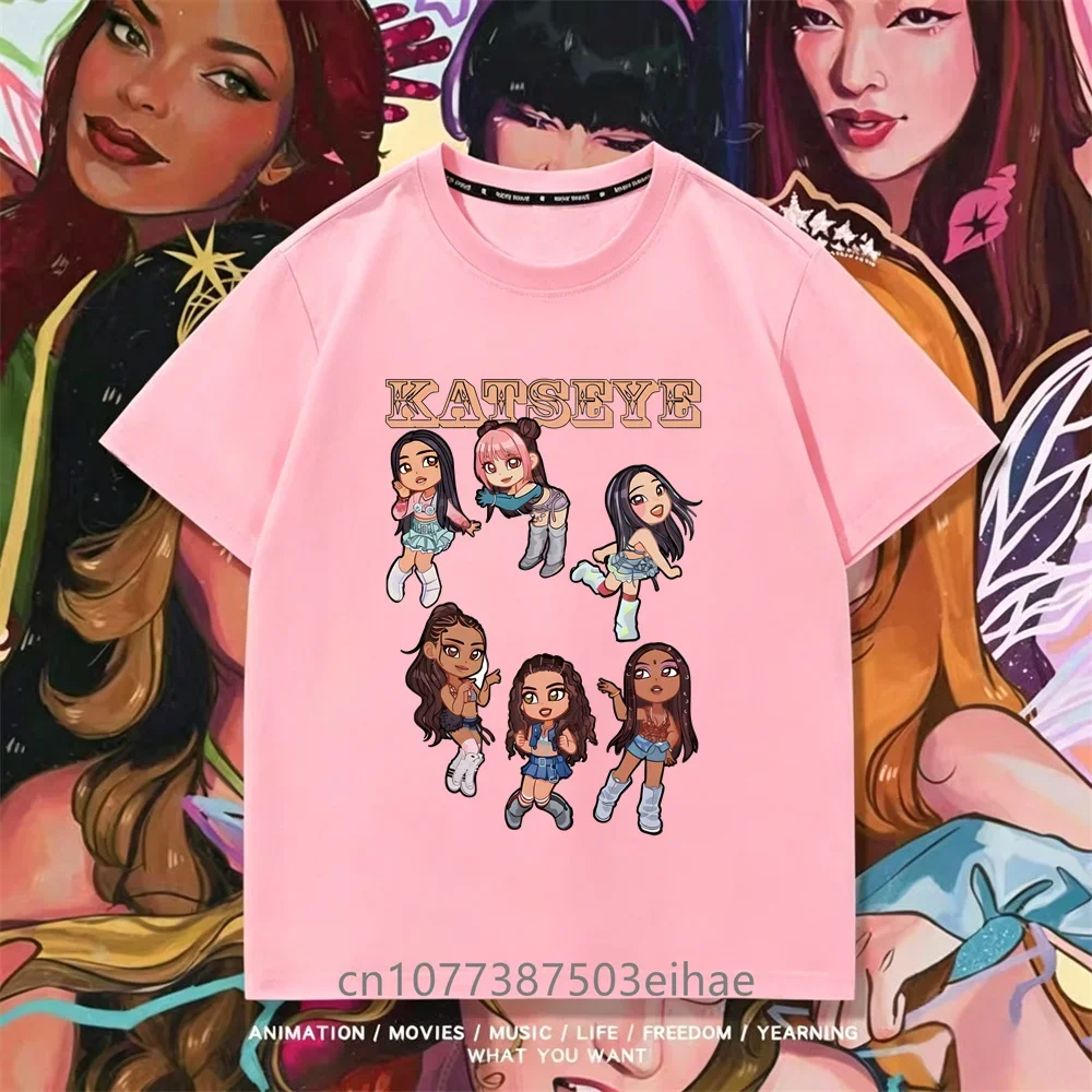 Fashion Street KATSEYE Pattern Kids T-shirt Girls Summer Short Sleeve Casual Top Daily Shopping Party Trendy Youth Wear Tee