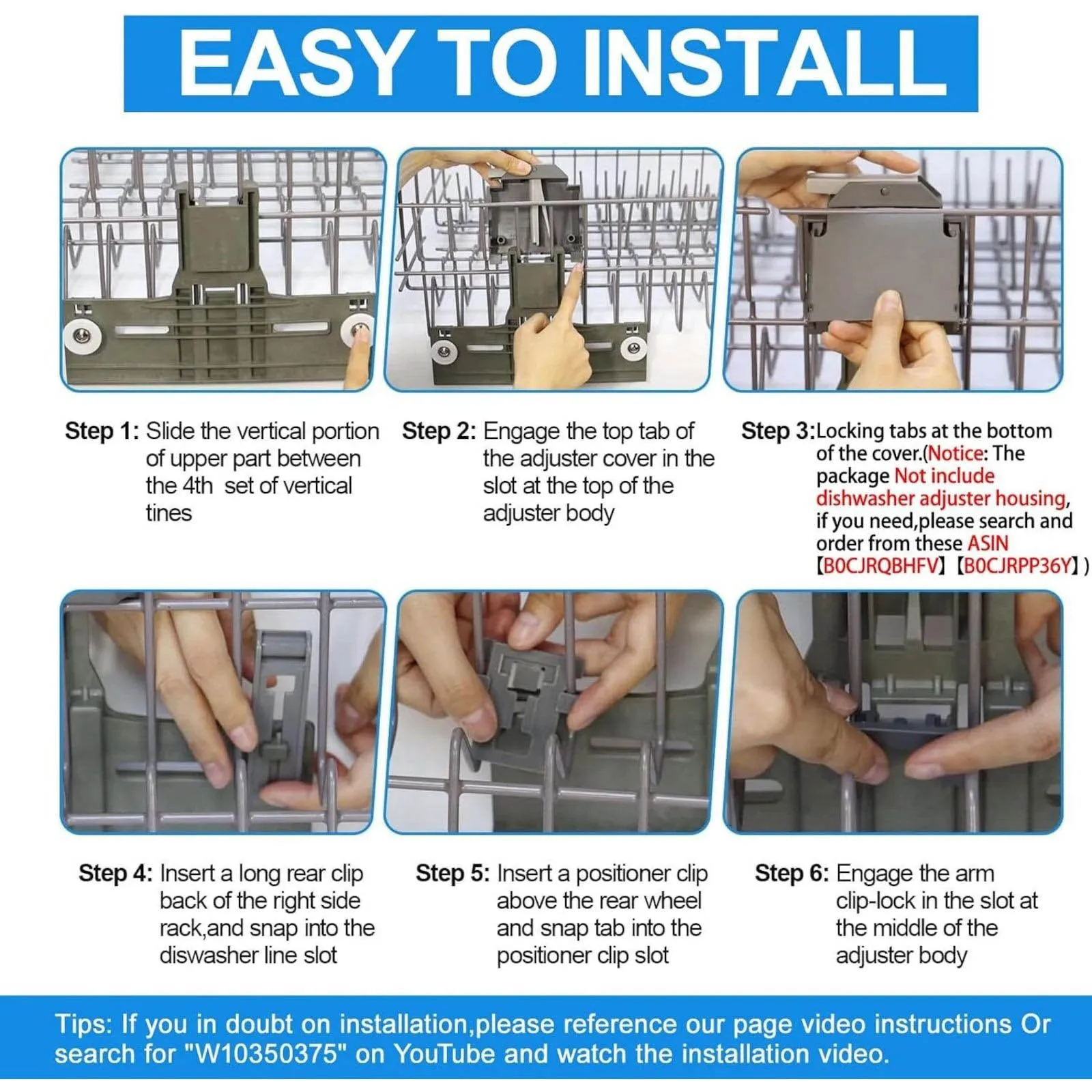 Upgraded Dishwasher Upper Rack Adjuster Kit for Whirlpool Maytag Kenmore, Replaces W10350375 W10195839, Polymer Durable view 6