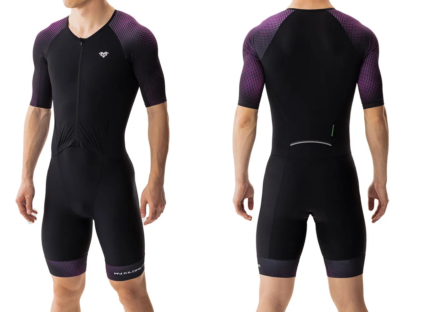 Triathlon-Anzüge für Herren Schnelltrocknend Leichtgewichtig Kurzärmelig Schwarz-Lila Einteilig für Radfahren Laufen Schwimmen TriSuit MY KILOMETRE – Detail 14