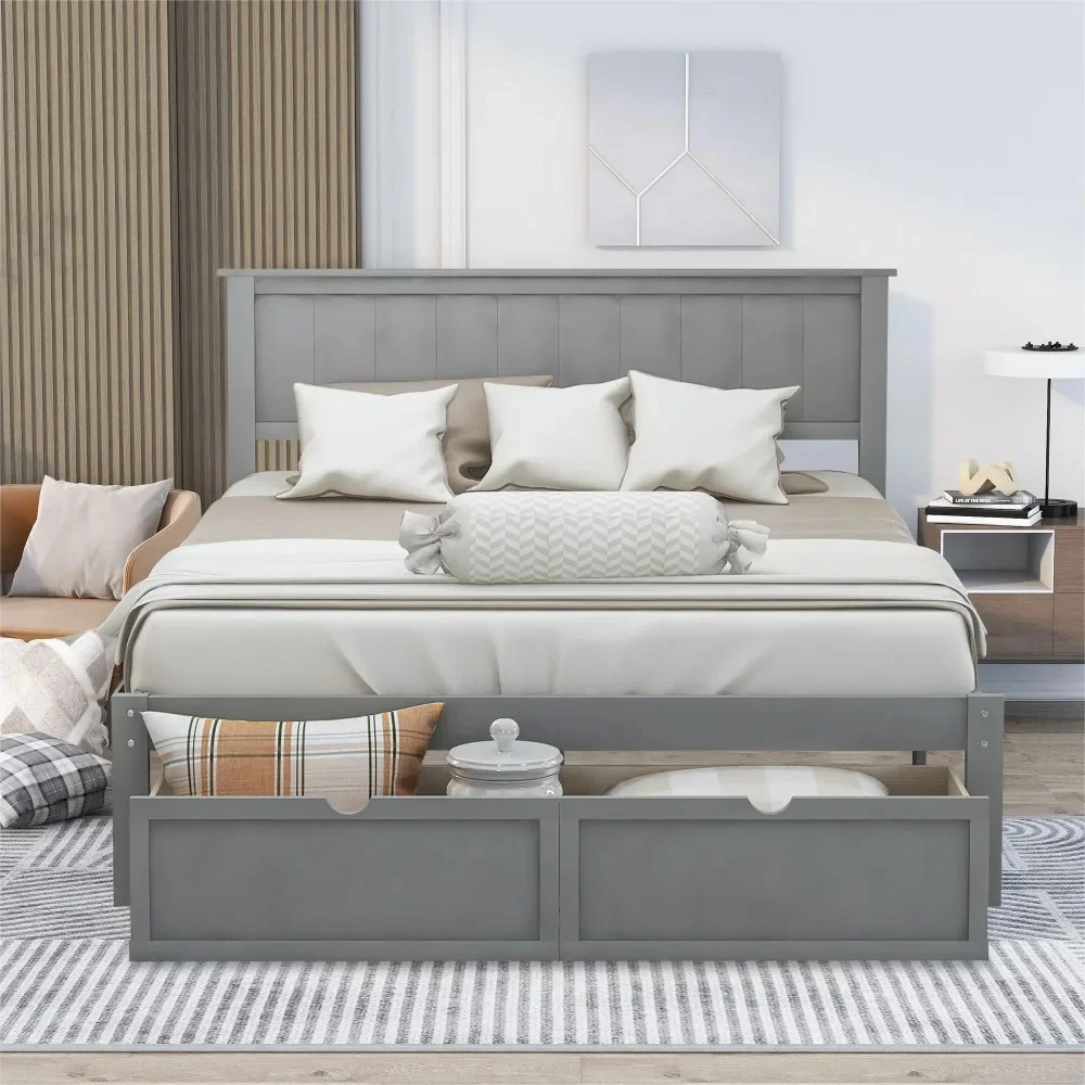 

Full Bed with Storage, Heavy Duty Wood Platform Bed Frame with Headboard and Under-beds Drawers, Modern Full Size Beds Frame