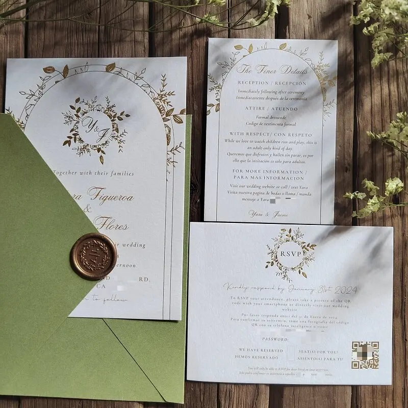 Gold Foil Flowers Arch Botanical Invitation Cards Details Cards Rsvp Cards Envelopes Personalized Wax Seals