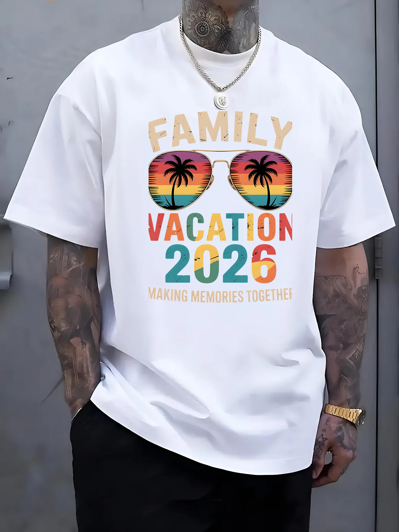 Men Black Crew Neck Tee Retro Sunset Palm Tree Sunglasses Family Vacation 2026 Making Memories Together Summer Cotton Tops