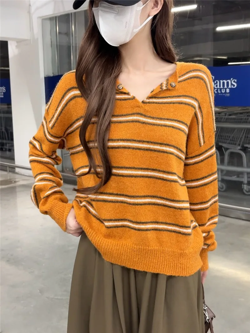 Suéter de punto suave de manga larga para mujer, estilo vintage informal y cómodo, hoado y adeazante, con rayas, para oto...