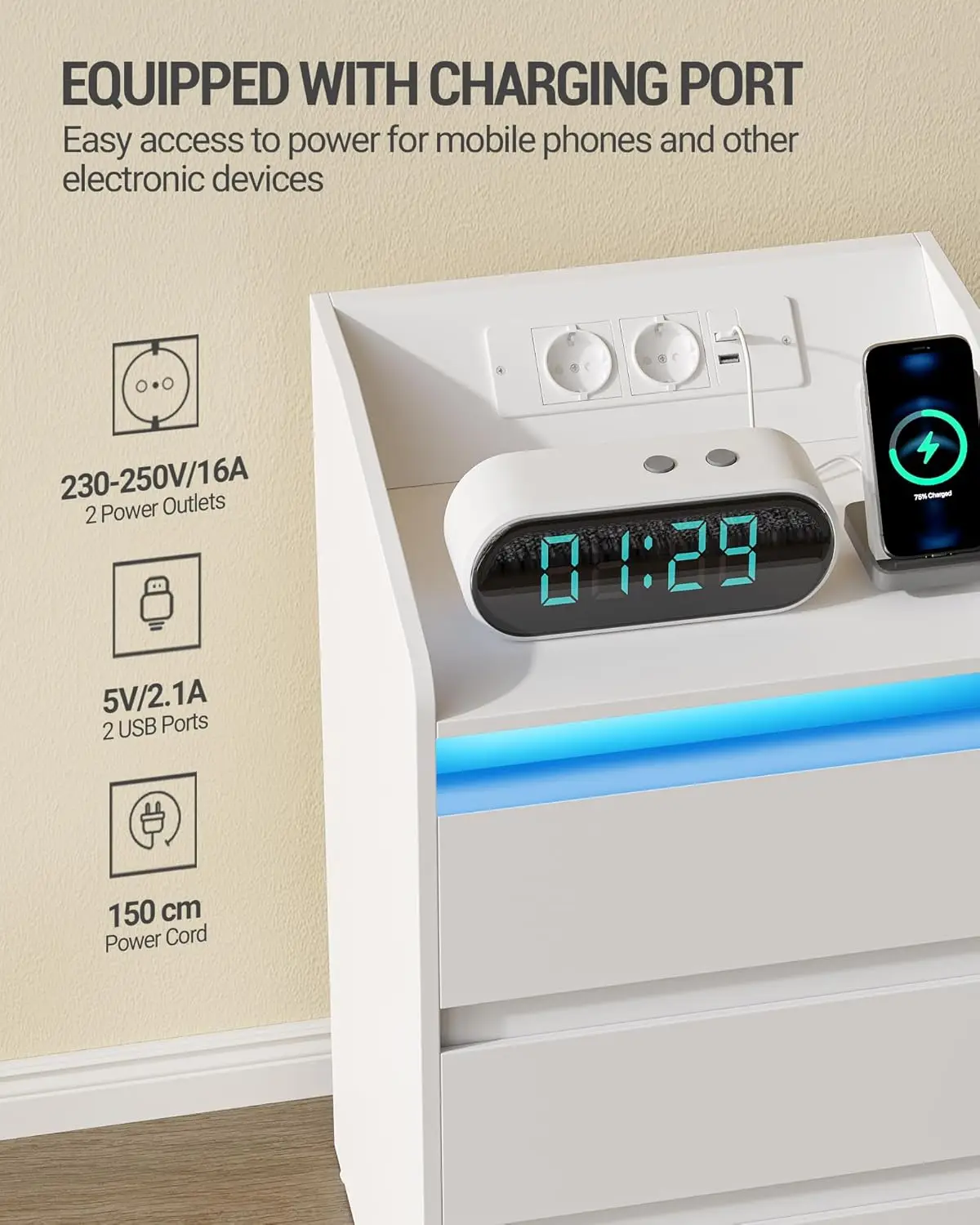 Mesilla de Noche con 3 Cajones Mesa Auxiliar con Estacional de Carga y LED 2 Tomas CA y 2 Portos USB para Dormitorio Salón Blanco #3