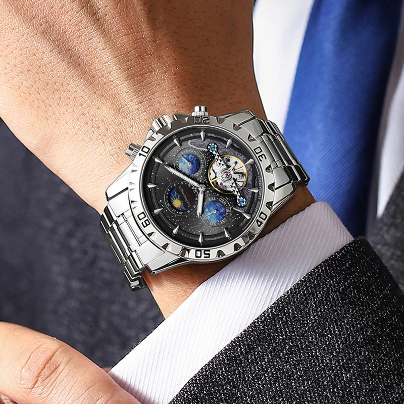 ساعة ميكانيكية رجال الأعمال الفاخرة، ساعة ميكانيكية أوتوماتيكية بالكامل مجوفة من السماء المرصعة بالنجوم للرجال، ساعة يد رجالية عصرية مضيئة مقاومة للماء، حزام من الفولاذ المقاوم للصدأ، قرص دائري عالي القيمة #4