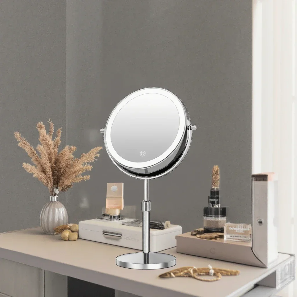 7-Zoll-Schminkspiegel mit Licht, wiederaufladbar über USB, höhenverstellbar, 1-fach/10-fache Vergrößerung, 3-Farben-Beleuchtung, 360 °   Drehbarer Kosmetikspiegel