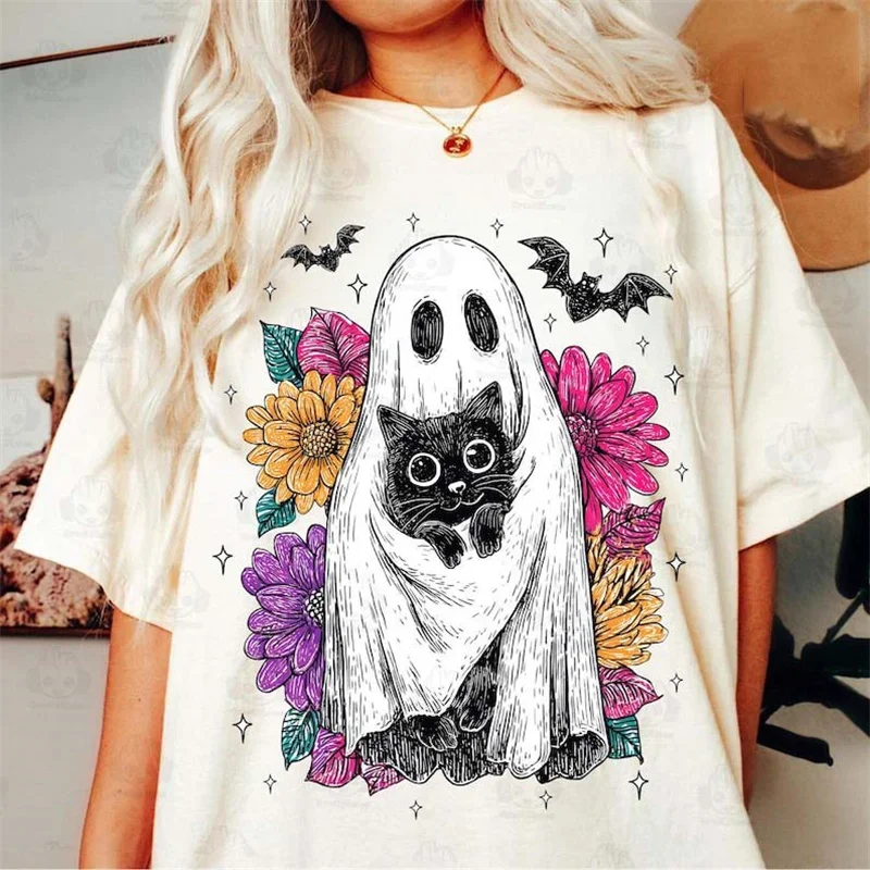 

Printed Women's T-Shirt Cartoon Ghost Cat Pattern Autumn New Style Fun Fashion Casual Versatile Top Clothing Basic T-Shirt
