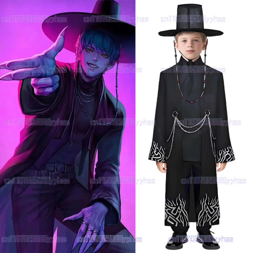 Niños Anime demonio Cosplay cazadores niño negro fantasma equipo uniforme cuentas sombrero disfraz Halloween carnaval fiesta