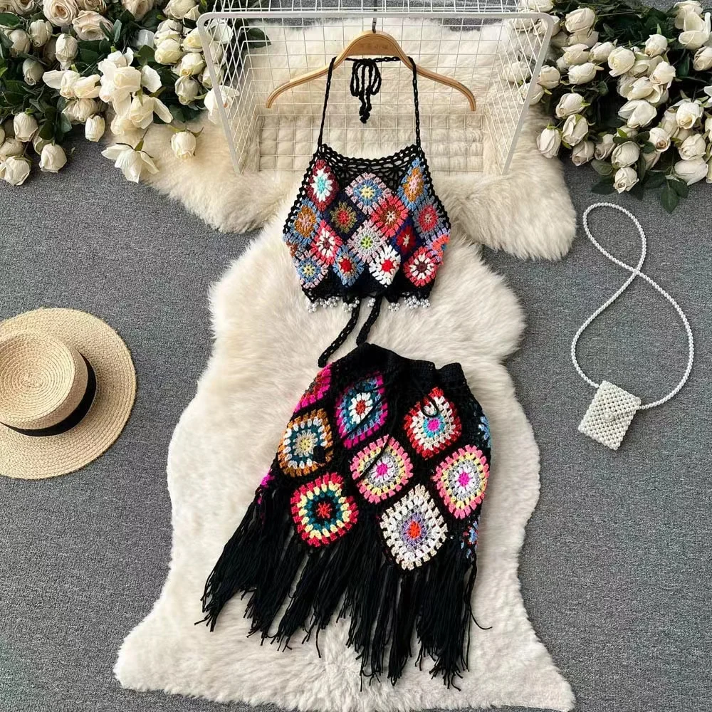 Bohemian Two Piece Knitted Sets Summer Hook Hollow Out Camisole Floral Irregular Tassel Skirt Sexy Beach Style Suits Patchwork