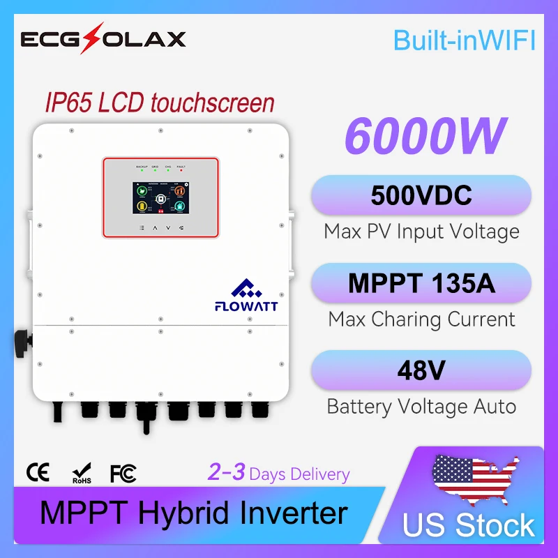 

ECGSOLAX 6KW Hybrid Solar Inverter Pure Sine Wave 48V 230V Off Grid Inverter 135A Mppt Solar Controller Built-in WIFI 1 sold