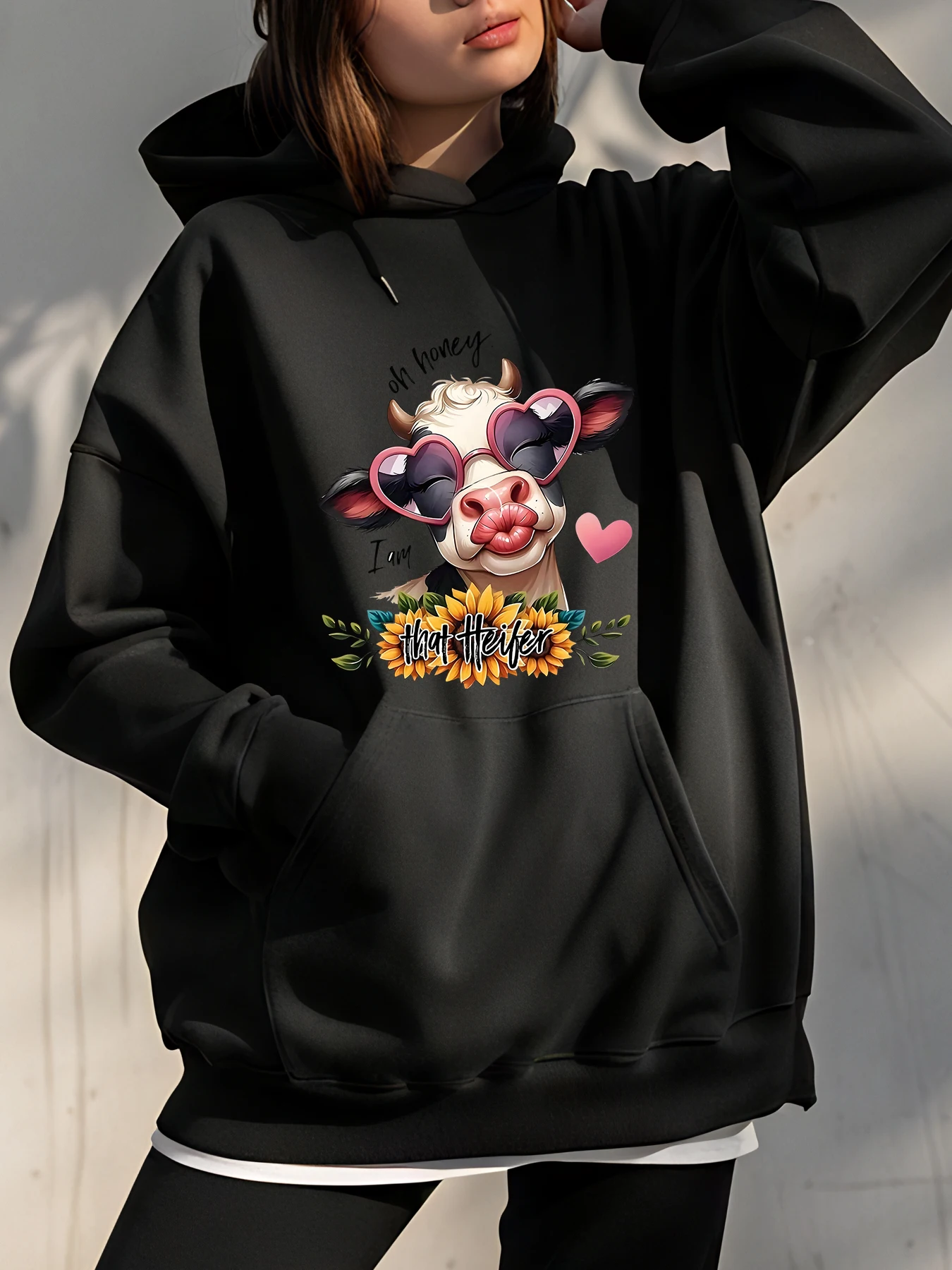 

Милая толстовка с принтом коровы, женская модная повседневная толстовка с животным дизайном, осенне-зимняя верхняя одежда с узором в виде сердца и сердца для девочек