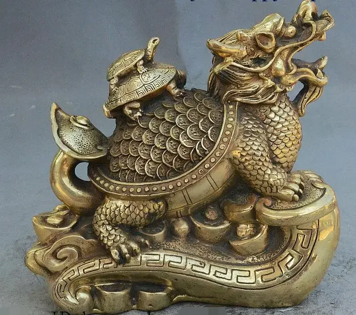 

8" China Fengshui Brass Wealth Coin Dragon Turtle Carry Tortoise On Ruyi Statue