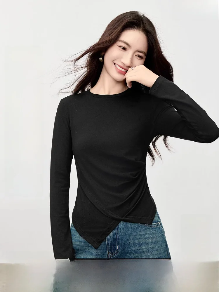 

Новая женская трикотажная футболка с длинным рукавом, круглым вырезом, плиссировкой по бокам на талии, облегающая, повседневная, модная, стильная.