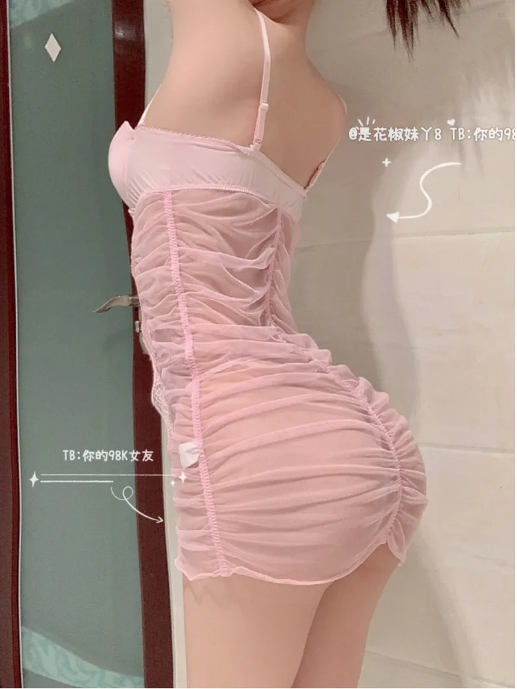 WOMENGAGA Pink Sexy Hot Mesh Lace Transparent Slip Dress Elegant Tank Mini 2022 V Neck Sweet Korean Tops Fairy Clothes OL ZEO6