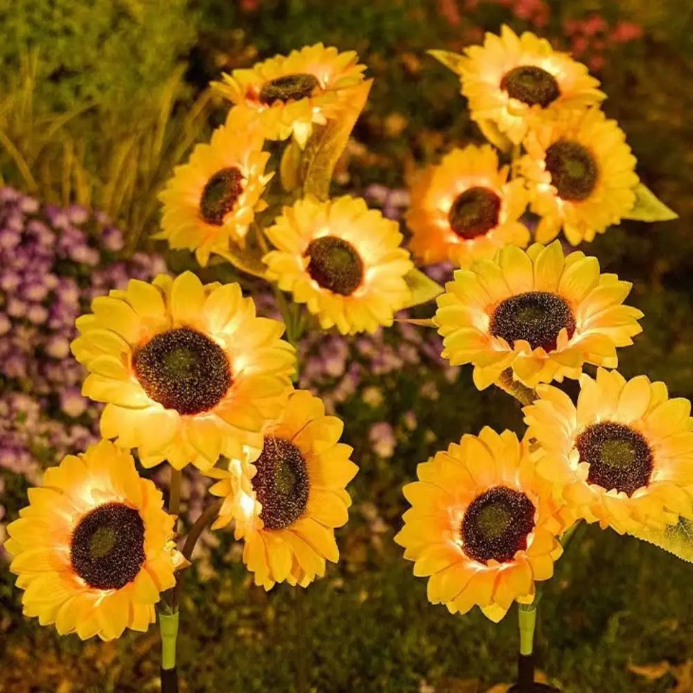 3 رؤساء الشمسية عباد الشمس مصباح ليد واقعية الإبداعية المشهد مصباح حديقة مقاوم للماء الحديد الشمسية حصة ضوء فناء الممشى