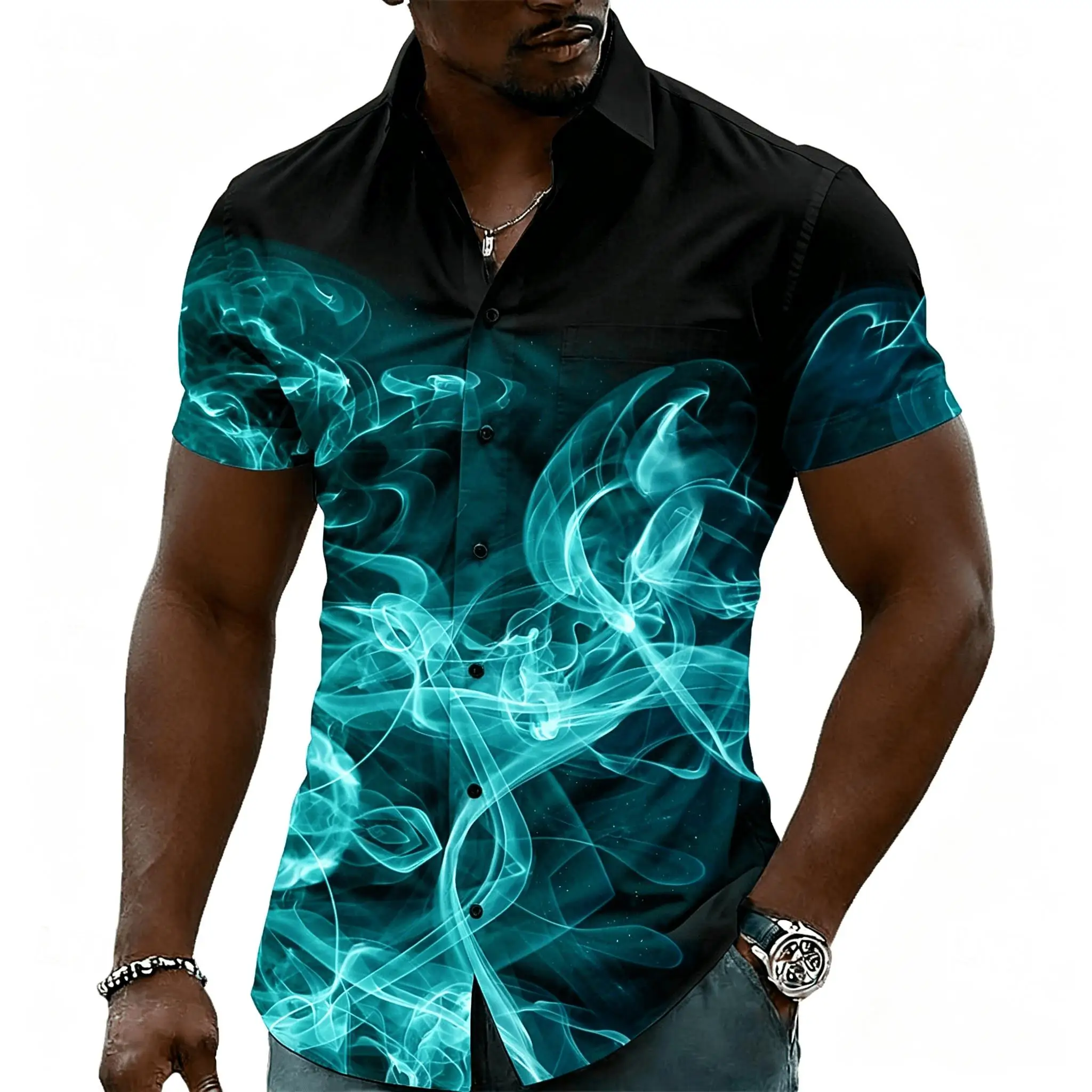 

Men's Cyan Blue Light Smoke Print Short Sleeve Shirt, Cool Neon Art Button Up Shirt for Spring & Summer