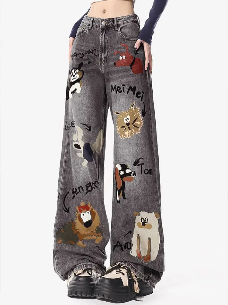 MiiiiX American High Street Graffiti Jeans Women's 2024 Autumn Cartoon Letters Loose Casual Wide Leg High Waisted Trousers