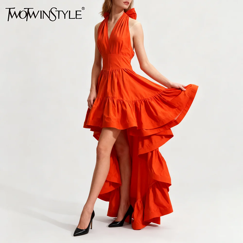 

TWOTWINSTYLE однотонные элегантные длинные платья на шнуровке для женщин, туника без рукавов с лямкой на шее, лоскутное платье с оборками, женская мода