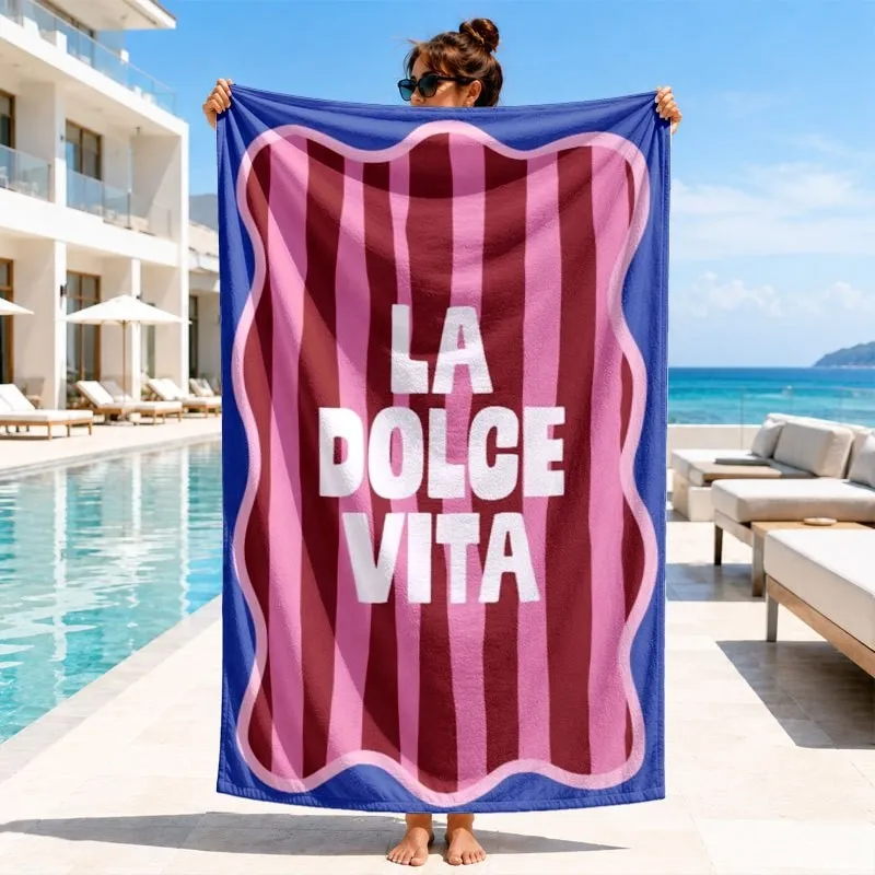 Mediterranean Striped Letter Style Wavy Border Pink Burgundy Stripe La Dolce Vita Text Print Quick Dry Beach Towel