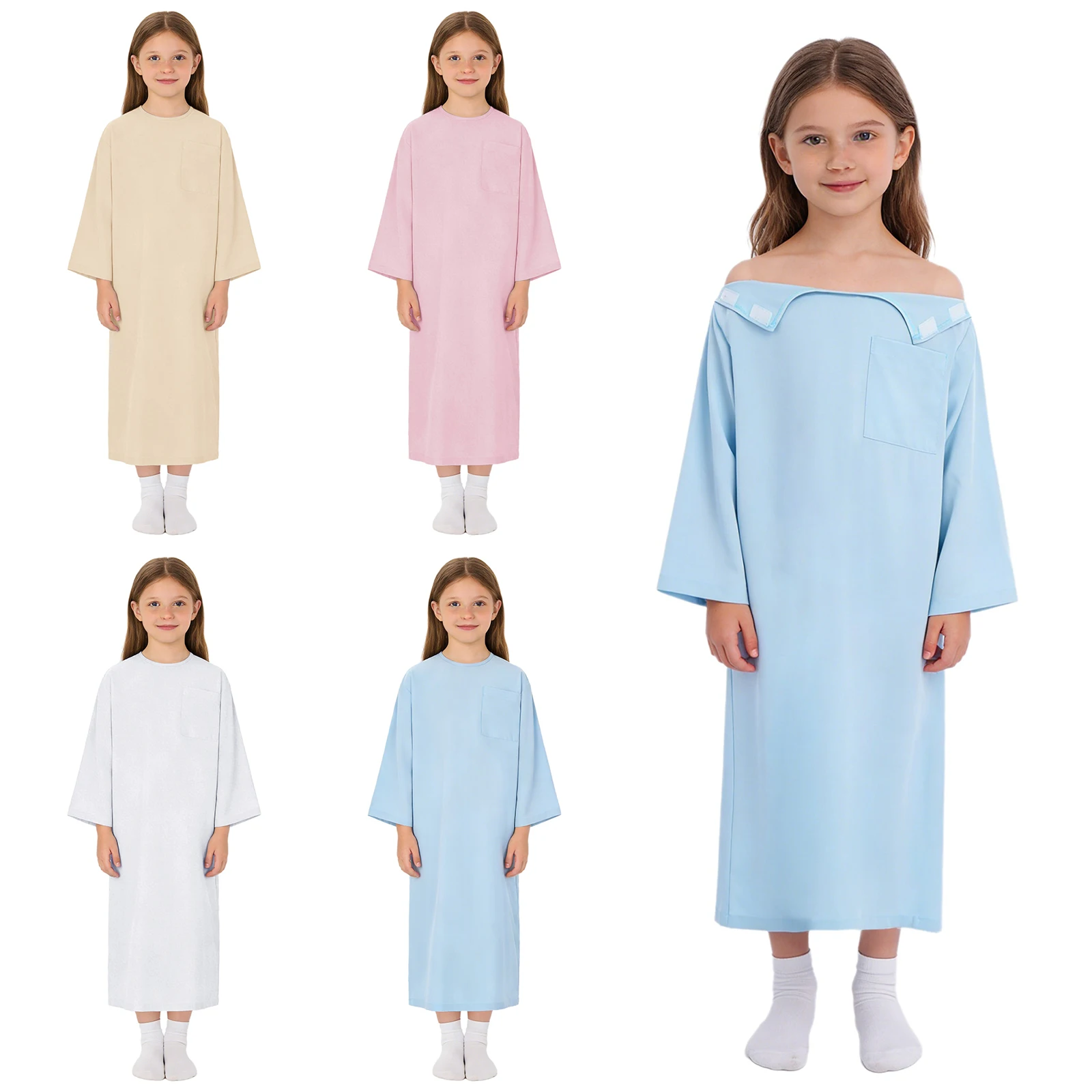 Kids Special Needs Adaptive Clothing Long Sleeve Back Split Hook-and-Loop Fastener Pediatric Medical Patient Nursing Gown Robe view 3