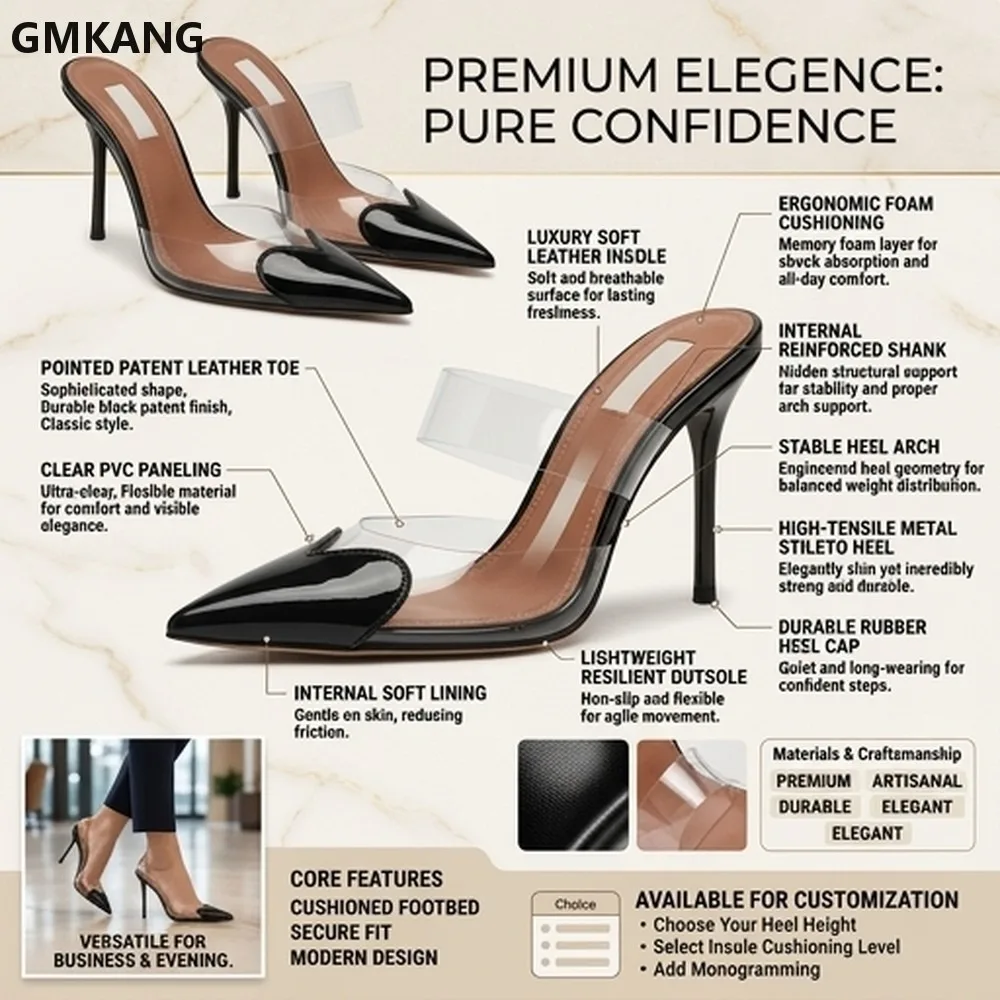 Women's Pointed Toe Slippers Genuine Leather Fine Heels Slip On Dress Shoes Comfortable Wear-Resistant Outdoor Casual