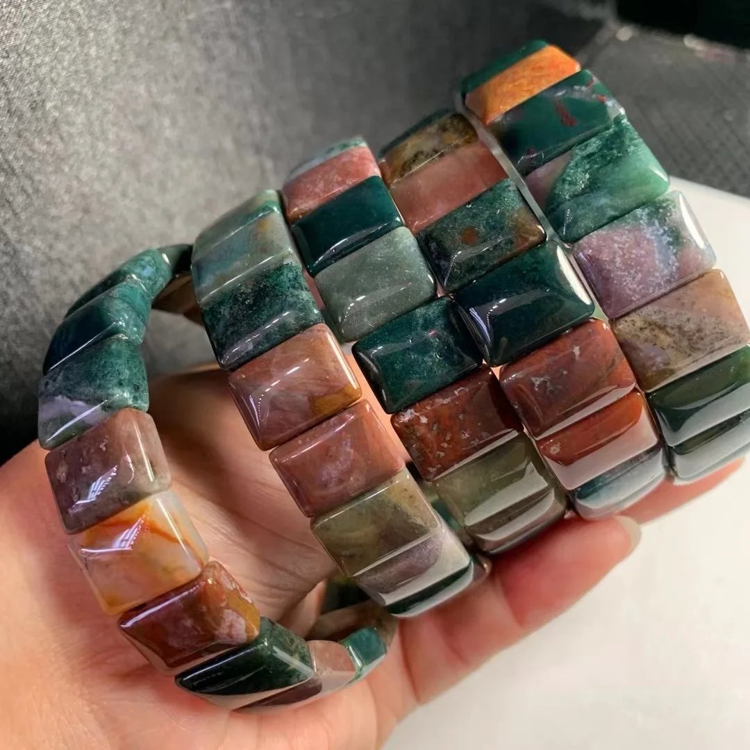 1 Pc Fengbaowu Natural Indian Agate Bracelet Bangle Rectangle Beads Crystal Reiki Healing Stone Fashion Jewelry Gift Women Men