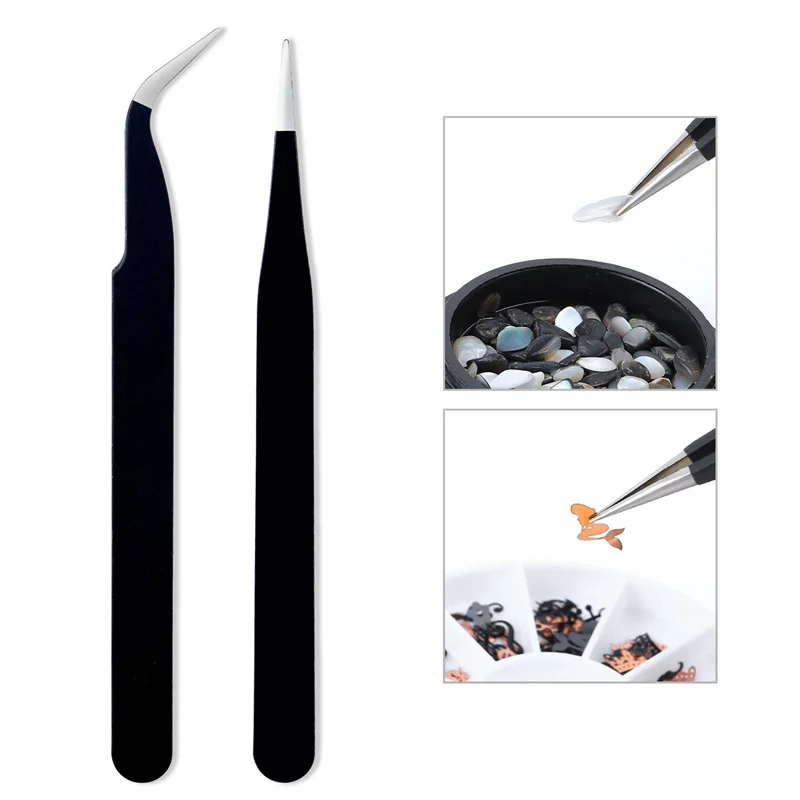 Schwarze Edelstahlpinzette Nail Art Acryl Gel Strass Paillette Nipper Picking Nail Art Ausrüstung Maniküre Werkzeuge