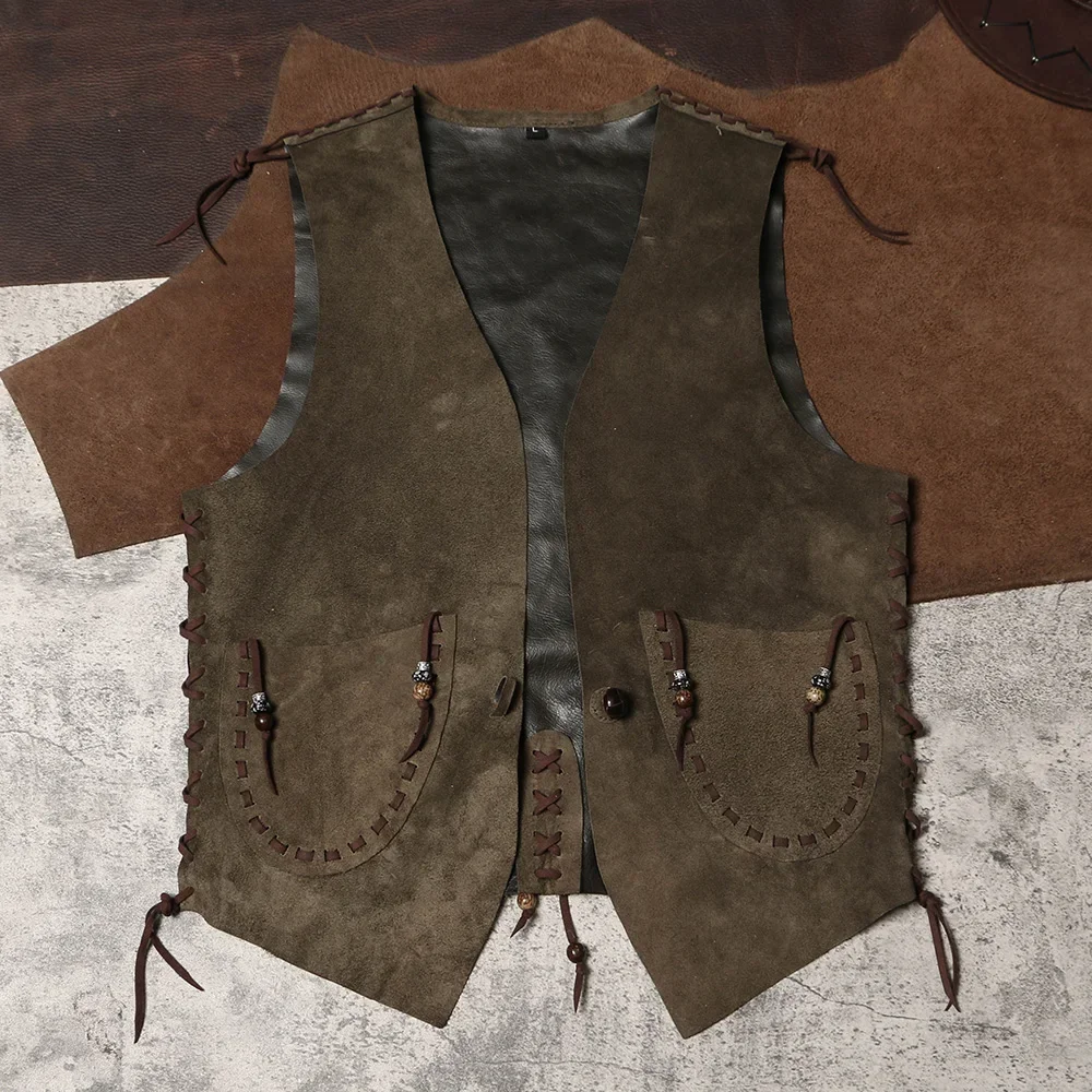 Blunt Razor Wanderer ~ Leather Hand-woven Vest American Retro Double-sided Leather Waistcoat RL Collarless Leather Vest