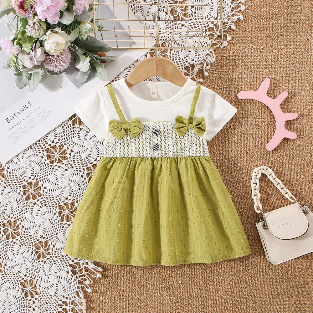 Summer baby girl dress baby girl fake two pieces of pure white short sleeved two small bow strap dress