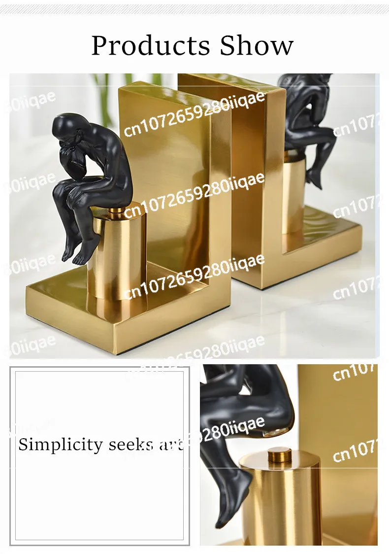 European Style Light Luxury Metal Plating Figure Thinker Bookend Office Study Book Stand Model Furniture Soft Decoration