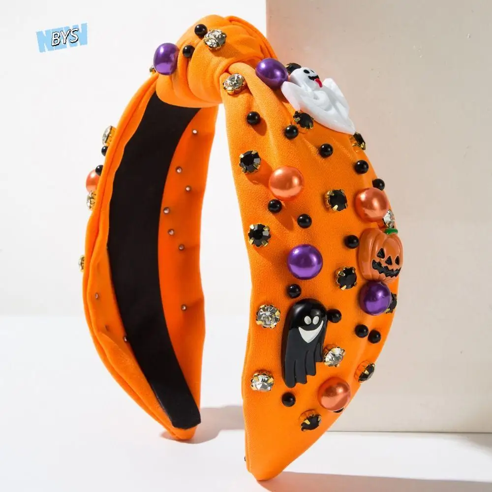

Ghost Halloween Rhinestone Pearl Hairband Knot Style Wide Edge Halloween Pearl Head Hoop Luxury Fashion Pumpkin Baroque Headband