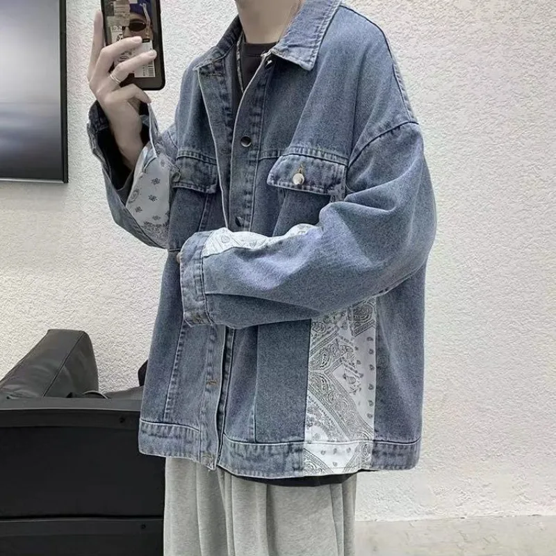

Oversize with Print Cowboy Coat for Men Y2k Original Low Price Outwear High Quality Cowgirl Worn Lxury Casual Denim Jackets Man