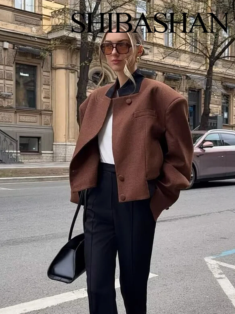 

SHIBASHAN женская осенняя модная подплечница, сращенная ​ ​ Короткая куртка женская простая куртка с воротником-стойкой и длинным рукавом в стиле ретро Mujer