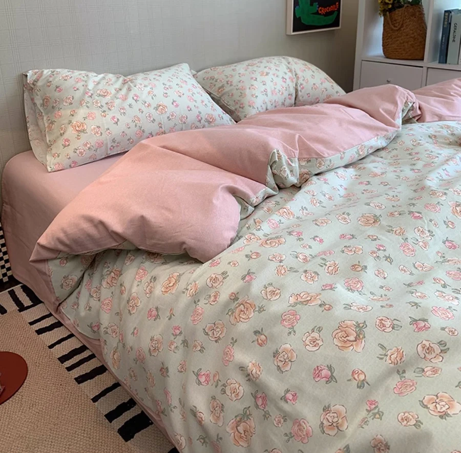 Romantic pastoral flower blue pink bedding set,twin full queen king warm cotton home textile bed sheet pillow case quilt cover