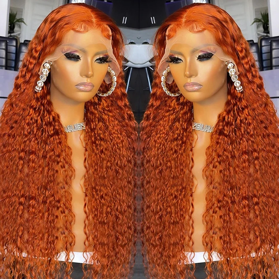 

Orange Ginger 13x6 Transparent Deep Wave Lace Frontal Wig Colored Lace Front Wig Water Curly Human Hair Wigs for Women 100% Glue