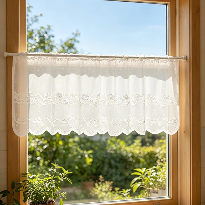 French Vintage White Rose Lace Coffee Curtain Non-Punched Transparent Sheer Curtain for Home Decor