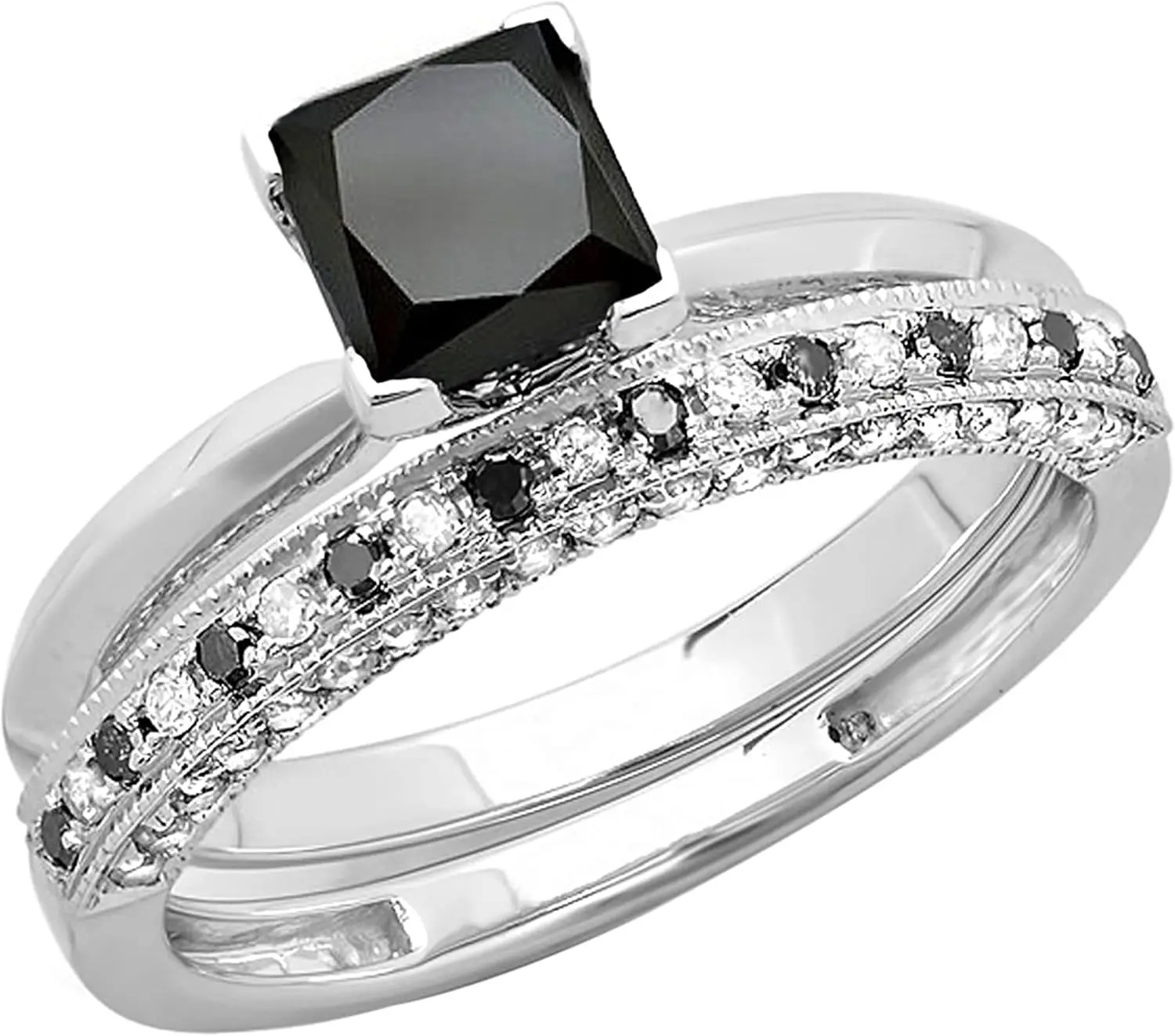 Anillo de Compromiso Solitario para Mujer con Diamante Negro y Blanco Redondo de Corte Princesa de 1.50 Quilates (ctw) en Oro Blanco de 10K